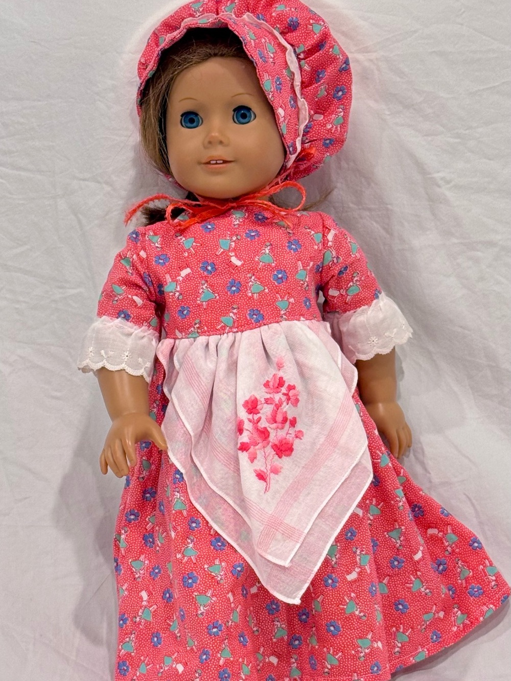 Beautiful Handmade American Girl Doll Size Dress and Bonnet.